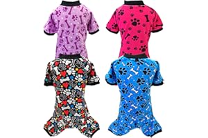 PET SHOW 4 Pack Small Dog Pajamas Paw Bone Patterns Cute Clothes for Medium Dogs Soft Fleece Stretchy PJs 4 Legged Jumpsuit Puppy Cats Onesies Outfits with Sleeve Dachshund Doggies Girl Boy (Medium)