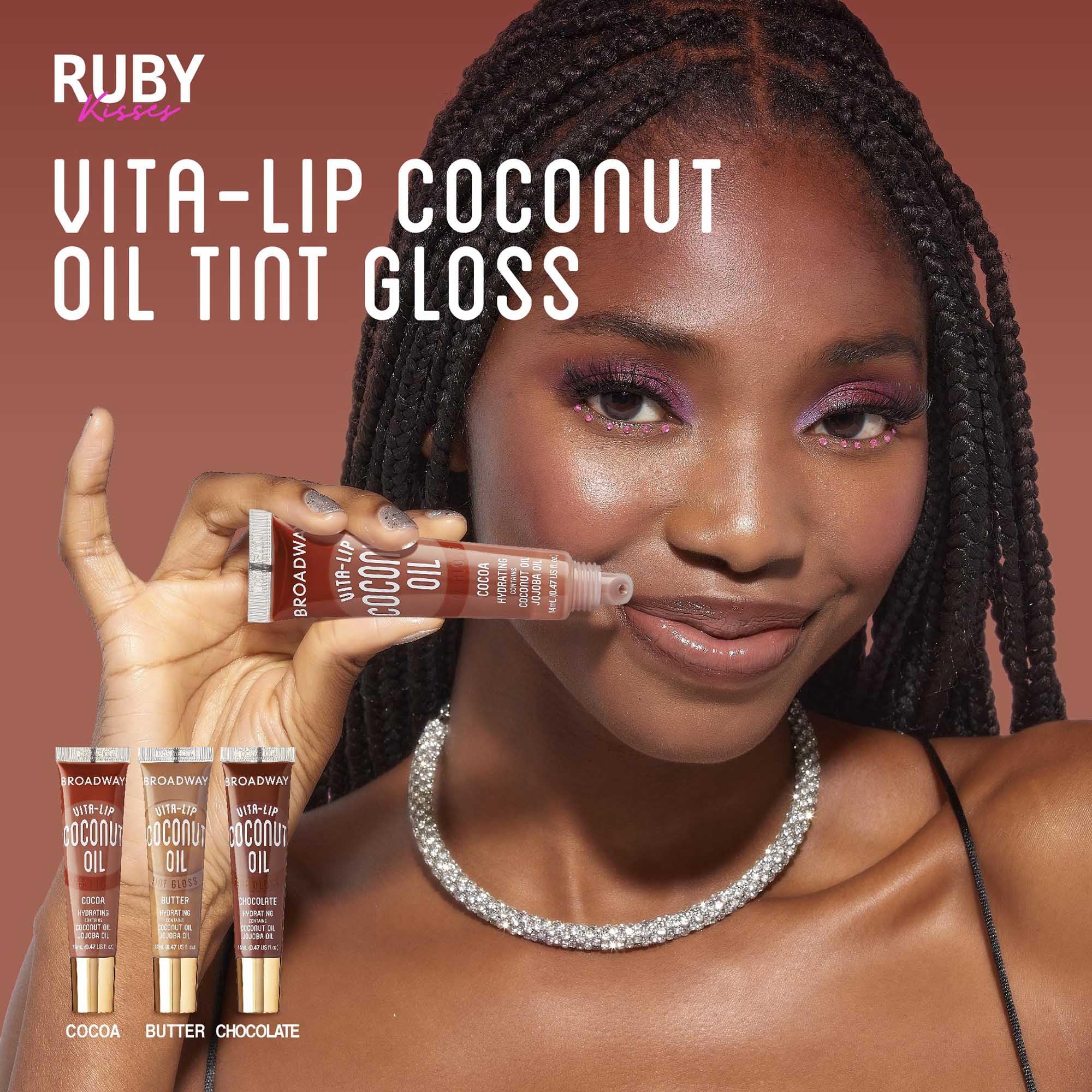 Ruby Kisses Broadway Vita-Lip Tinted Lip Gloss Set (3 Pack Cocoa, Butter, Chocolate) Ultra-Hydrating Coconut + Jojoba Oil & Soothing Formula with Vitamins, High-Shine Non-Sticky Finish Lip Balm