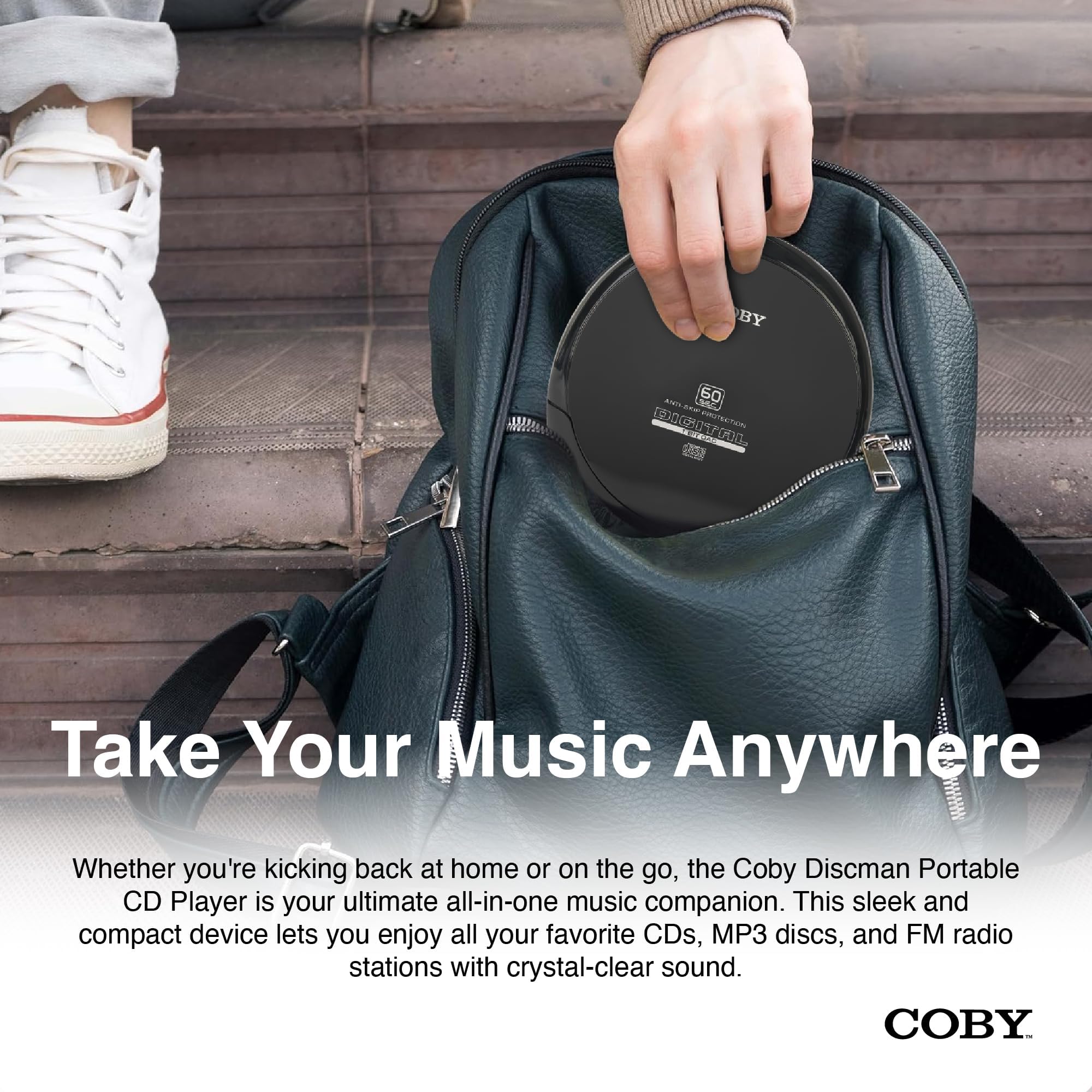 Coby Portable CD Player with Headphones, FM Radio and MP3 Compatible, LCD Display, 60-Second Anti-Skip Protection, Shockproof Design for Easy Travel, Includes Micro USB Cable for Charging