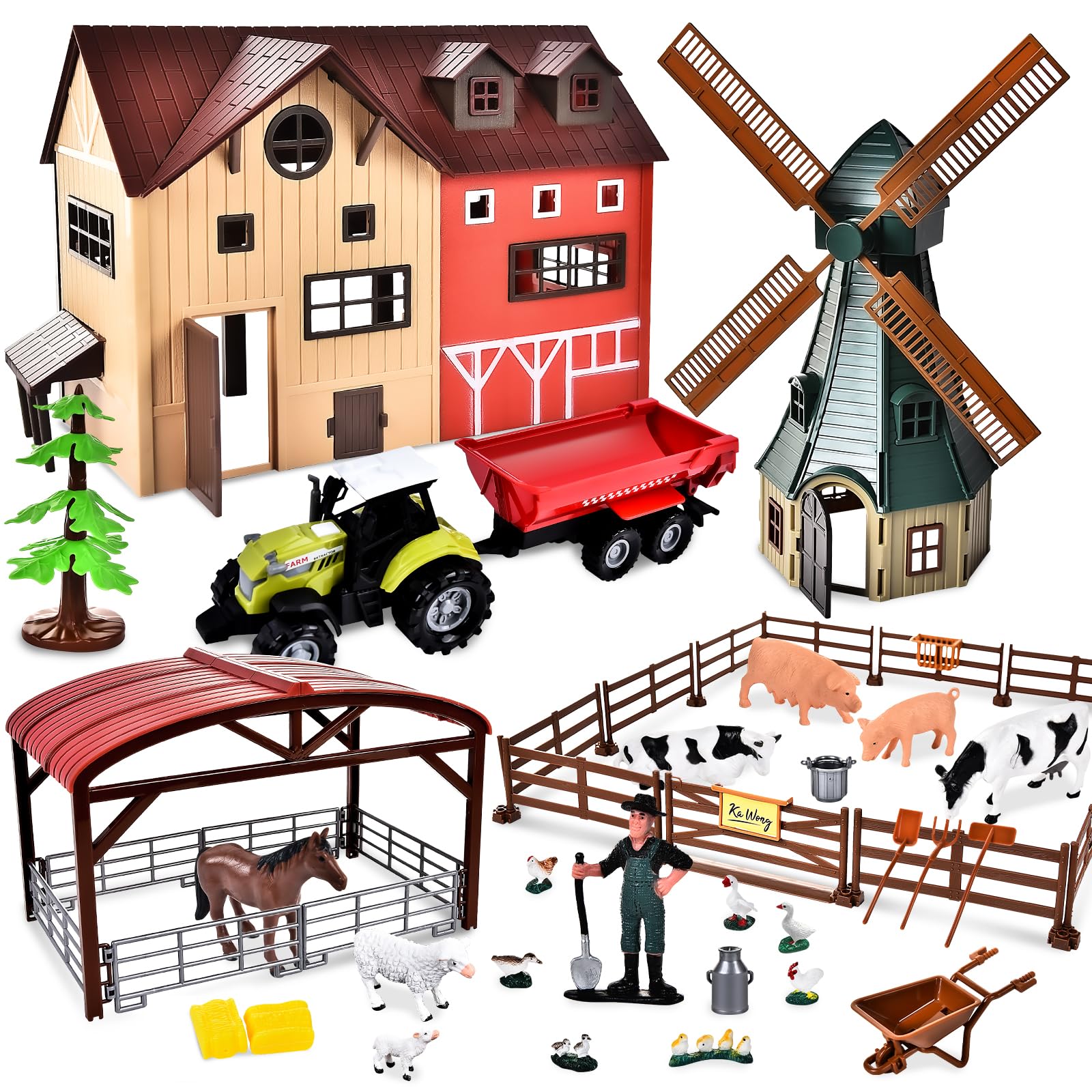 JONRRYIN Farm Animals Toys With Windmill House, Horse Stable, Tractor Trailer, Farmer Fence, Cows - Animal Playset Figures Play Set Gifts for Kids Boys Children 3-7 Years Old