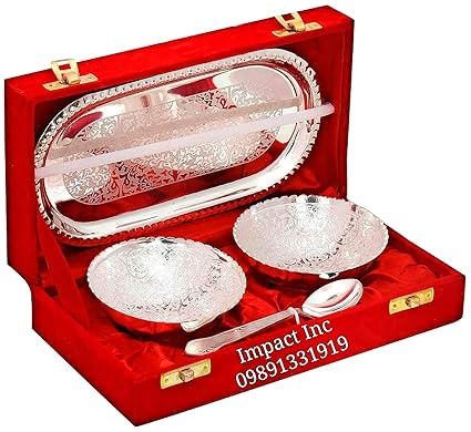 MACHAK Indian Craftvilla Handmade Silver Plated Brass Bowl with Tray -Set of 5 Pieces