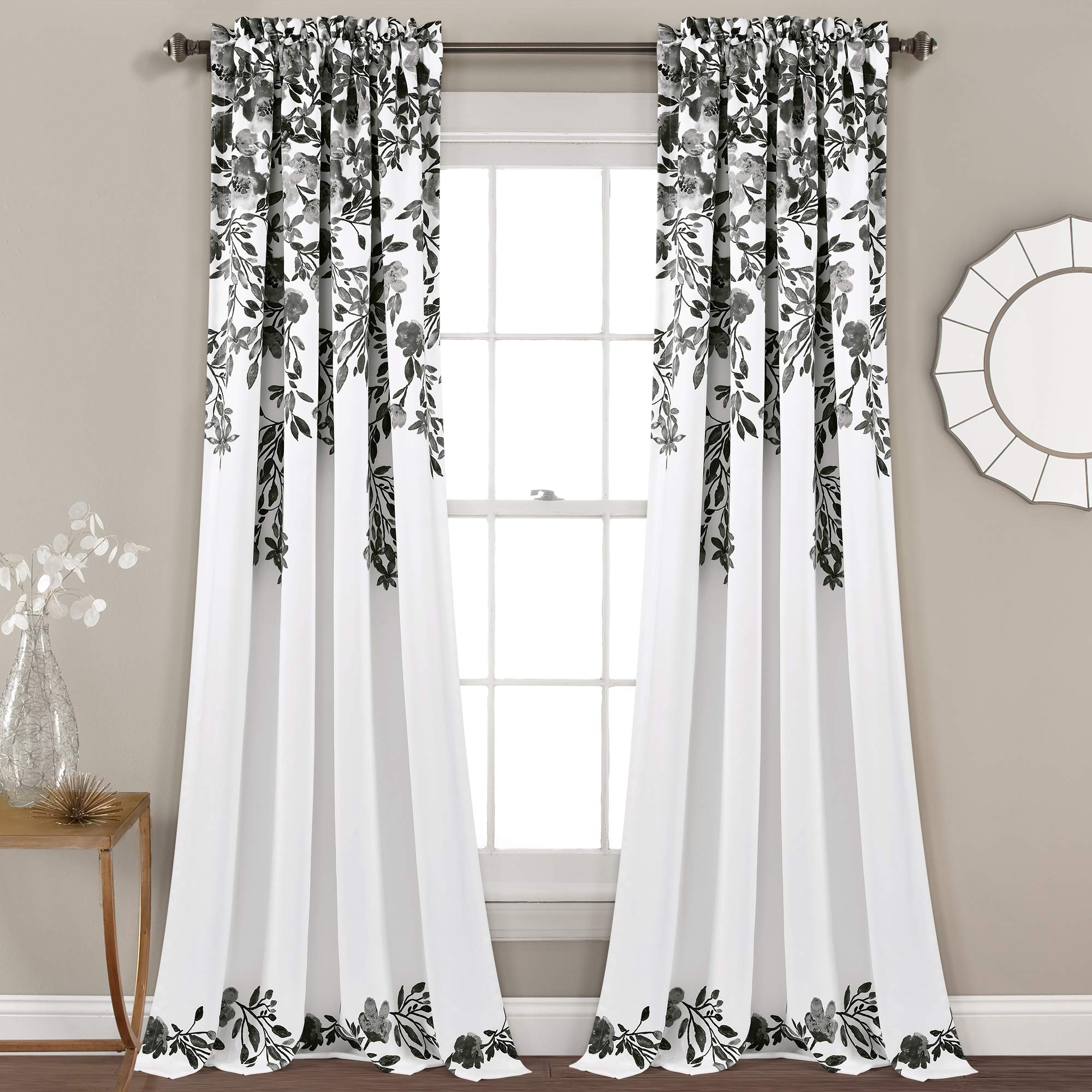 Lush Decor Tanisha Curtains - Light Filtering Window Panel Set, Pair - Floral Vine Print, Beautiful, Modern, Elegant Home Decor - 52" W x 95" L, Black & White