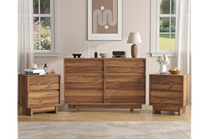 SINROM 3-Piece Bedroom Dresser Set, Walnut 6 Drawer Dresser and Nightstands Set of 2, Mid Century Modern Chest of Drawers and Night Stands, 3 Pcs Bedroom Furniture Set