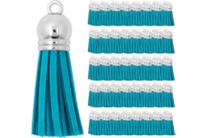 Mandala Crafts 100 Pcs Silver Cap Peacock Blue Faux Suede Tassels Bulk Keychain Making Supplies - Small Leather Tassels for Charms, Jewelry Making, and DIY Crafts