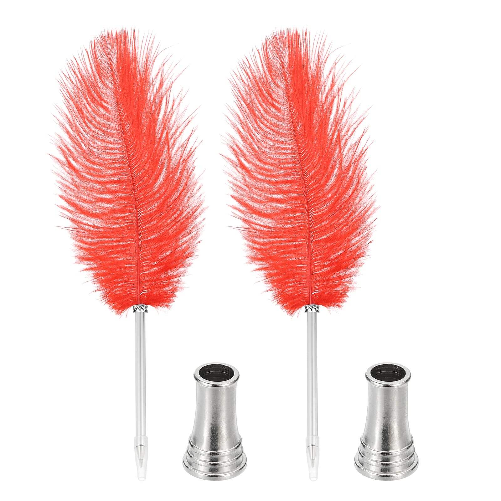 PATIKIL Feather Ballpoint Pen, 2 Pcs 0.5mm Fluffy Vintage Ink Quill Pen Refined Plated Rod Quill Pen with 2 Pcs Stand Holder for Calligraphy Writing Signature Guest Wedding Gift, Red