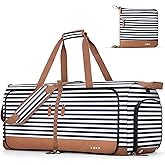 Lekesky Foldable Travel Duffle Bag for Women, 100L Large Duffel Bag with Separate Shoes Compartments & Straps, Carry On Weekend Bag for Women, Hospital, Overnight (Blue Stripes)
