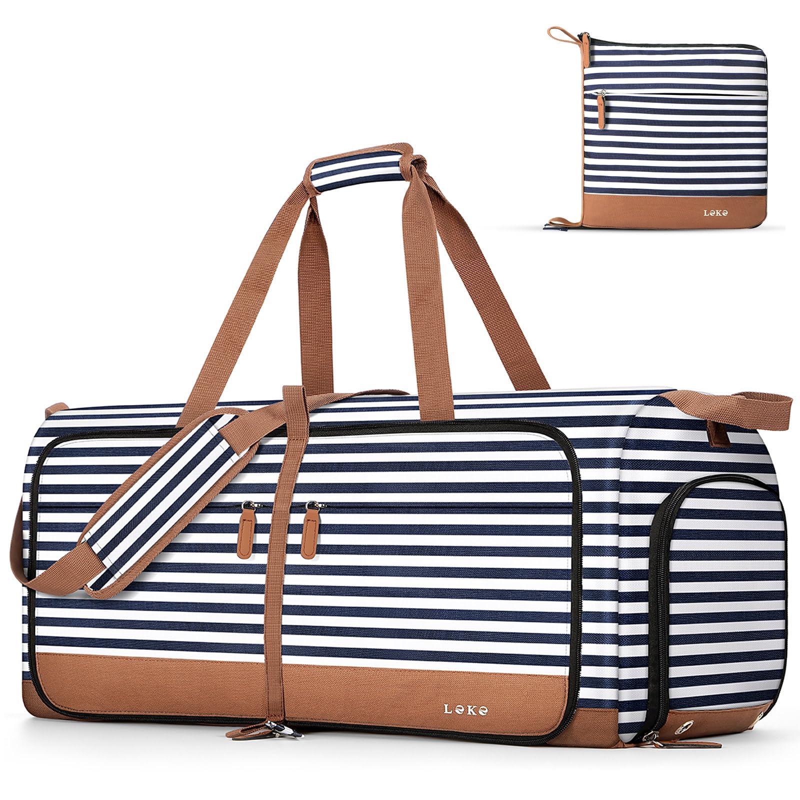 Photo 1 of Lekesky Foldable Travel Duffle Bag for Women, 100L Large Duffel Bag with Separate Shoes Compartments & Straps, Carry On Weekend Bag for Women, Hospital, Overnight (Blue Stripes)
