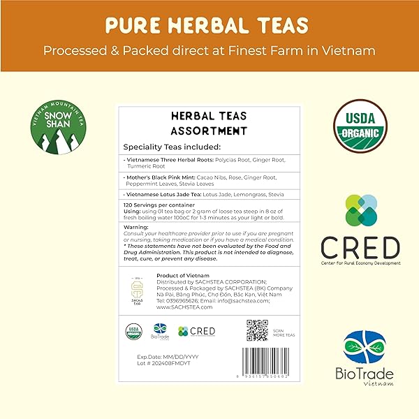 SACHS TEA 1773 SINGLE ESTATE HERBAL TEA ASSORTMENT, TEA SAMPLER – 03 PREMIUM FULL LEAF HERBAL TEAS ( VIENAMESE HERBAL ROOTS, MOTHER’S MINT, GREEN LOTUS JADE) | FLAVOR NOTES (EARTHY, HERBACEOUS, VEGETAL) | SUGER-FREE, NON-GMO, KETO – (PACK OF 30 LARGE HANDCRAFTED SACHETS, 2.6OZ)