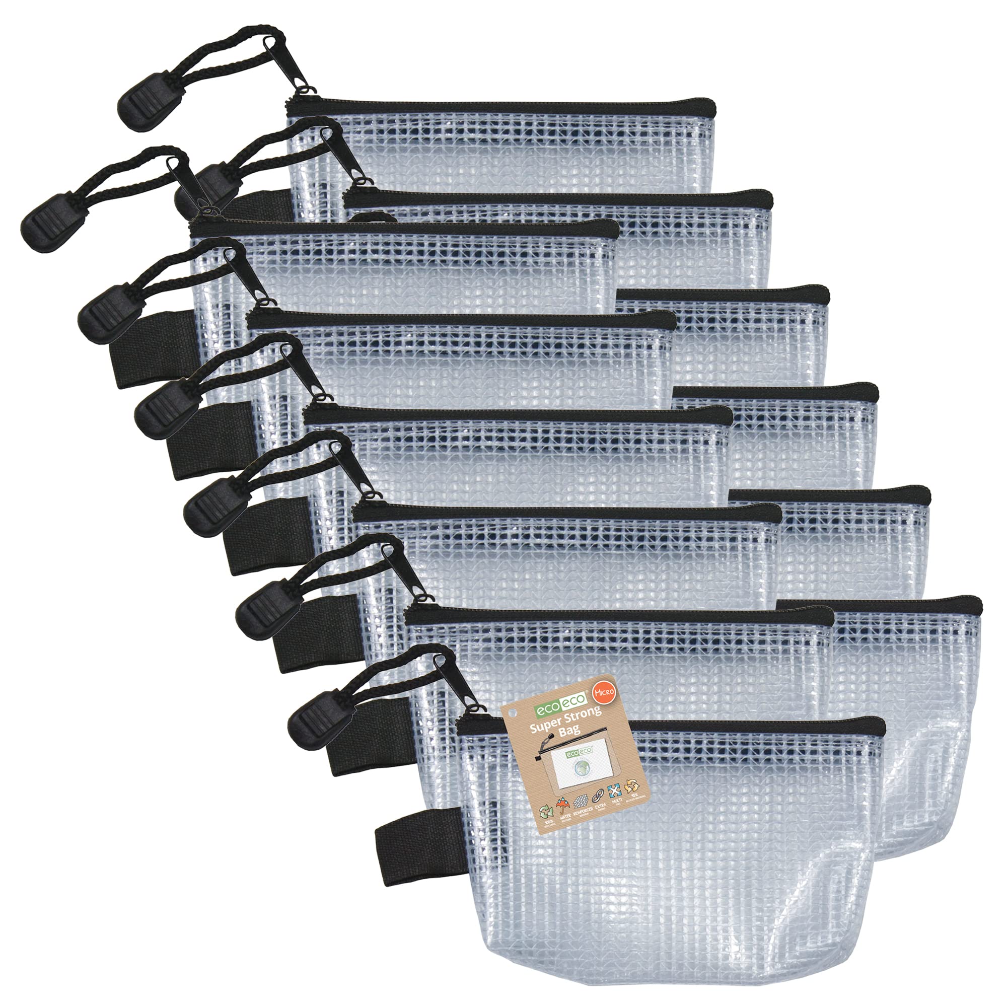 eco-eco Micro 95% Recycled Super Strong Bag, Waterproof Mesh Tuff Bag, Reinforced Black Zip Closure, 13x8cm, Pack of 12, eco122x12