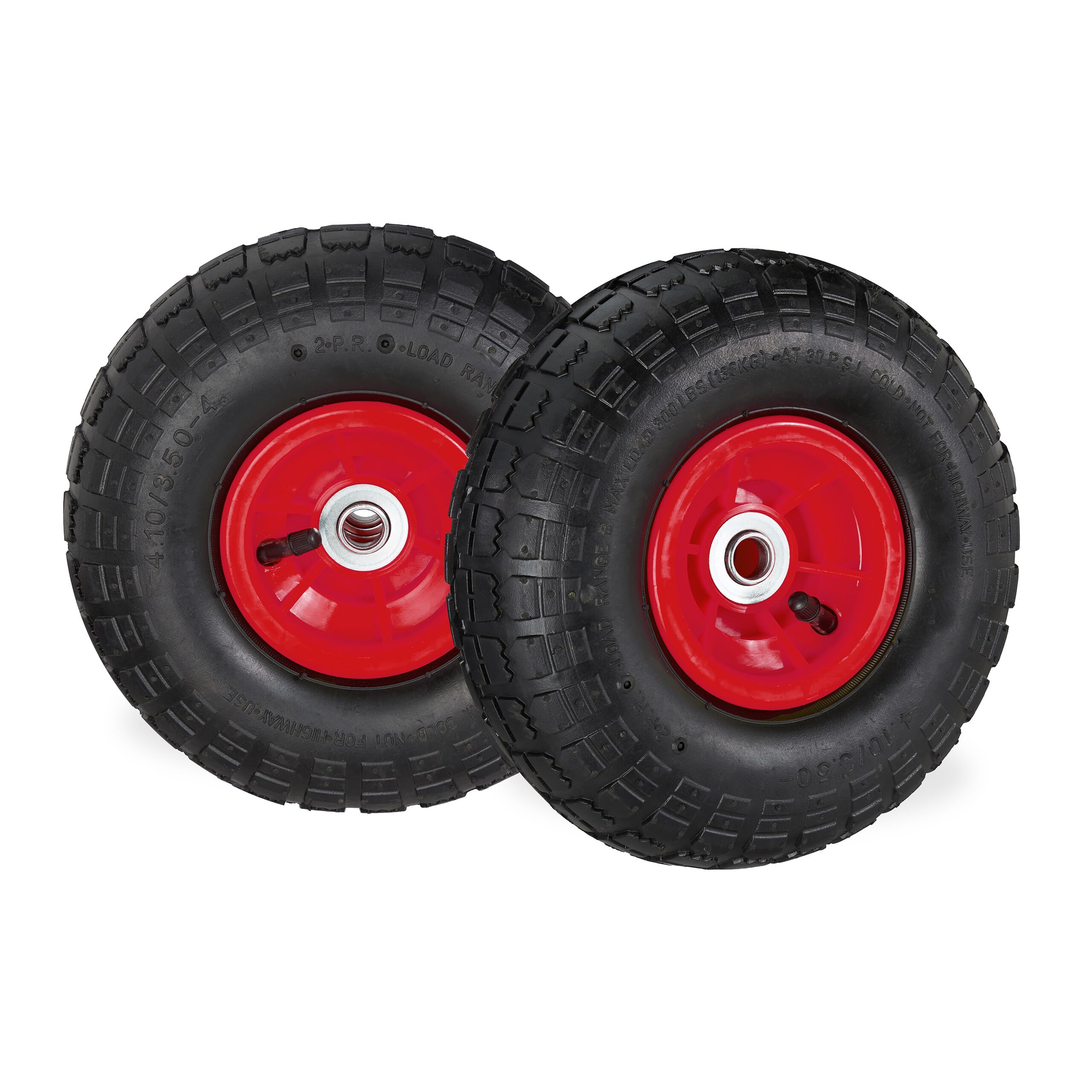 Relaxdays Set of 2 Wheelbarrow Tyres, 4.1/3.5-4, Pneumatic Spare Wheel, 16 mm Axle, Supports up to 136 kg, Black/Red