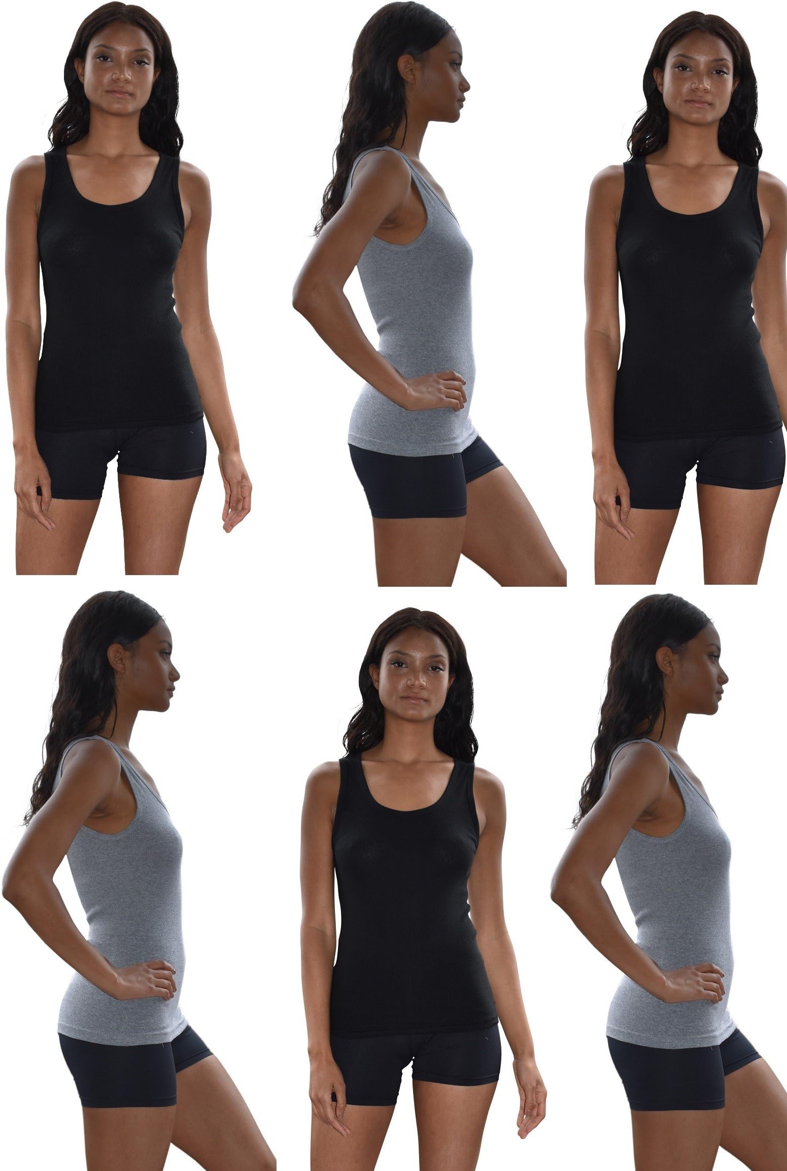 Basics Women's 6 Pack Colors Active Workout Cotton Stretch Rib Tank Top