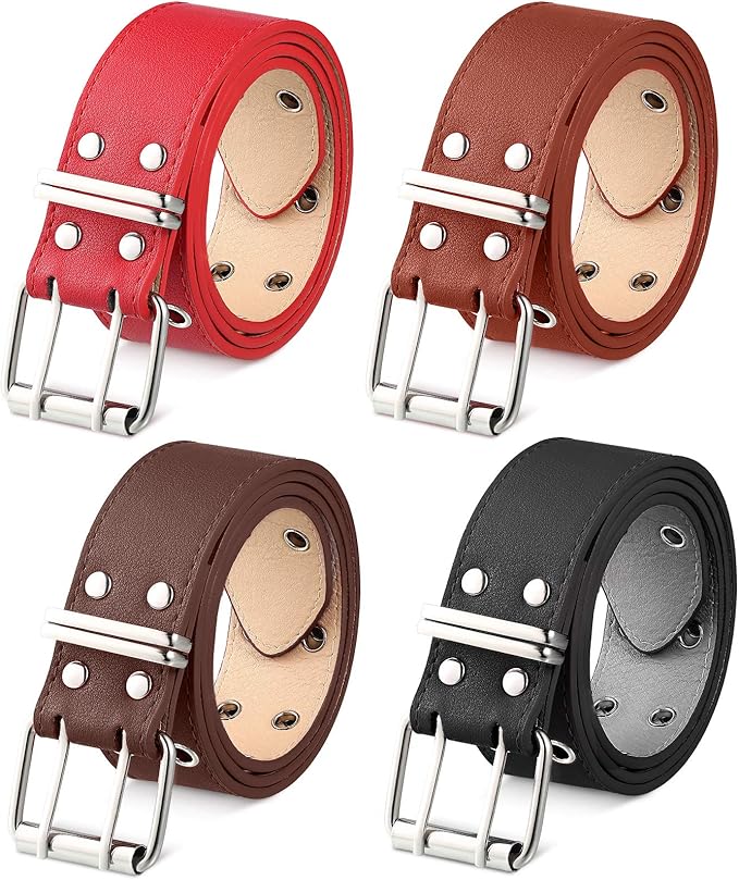 4 Pieces Women's PU Leather Belt Double Grommet Jean Belt 1.5 Inch Wide
