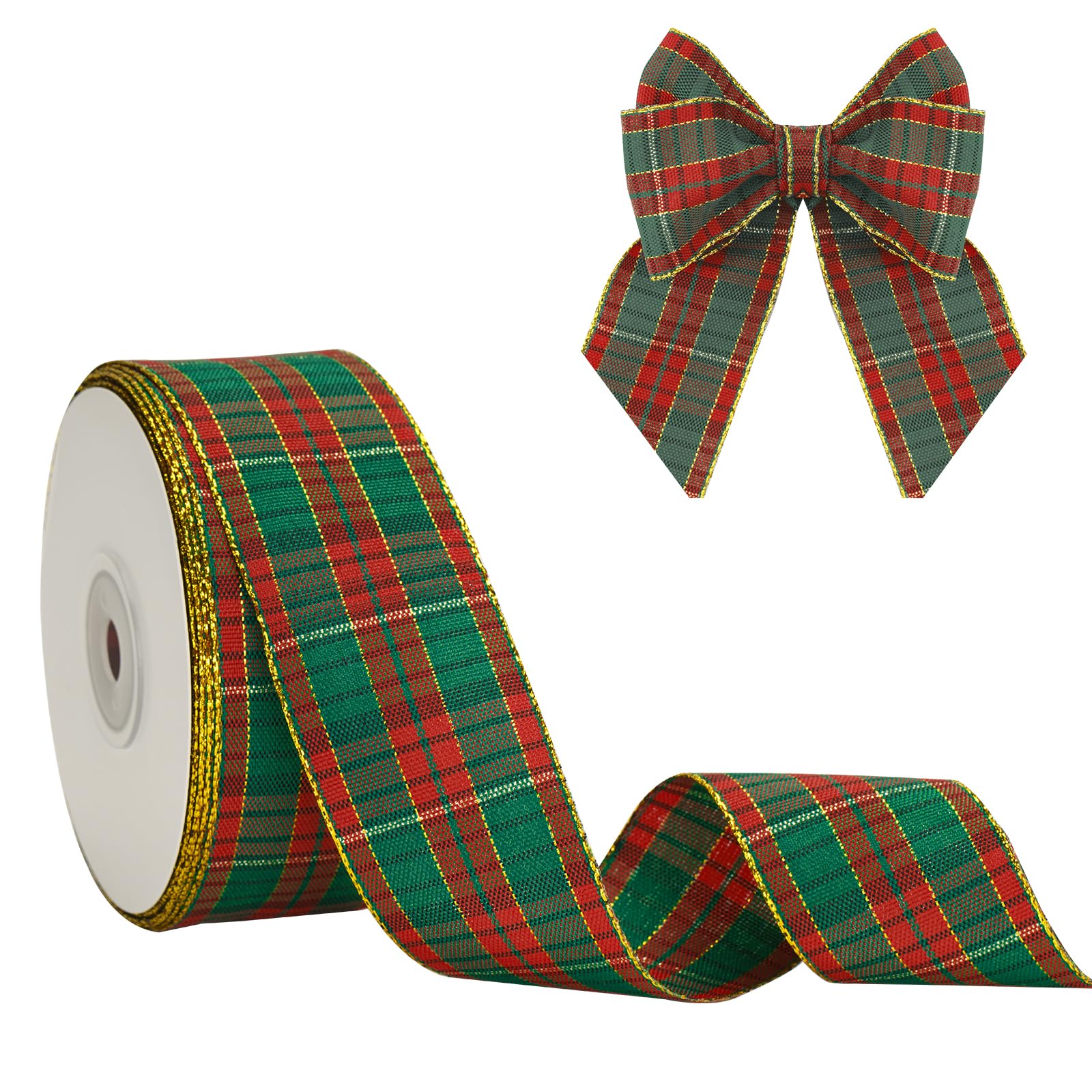 G2PLUS Red Green Gold Christmas Ribbon 40mm: 25 Yards Tartan Ribbons for Gift Wrapping, Plaid Gold Edge for Christmas Crafting, Bows Making