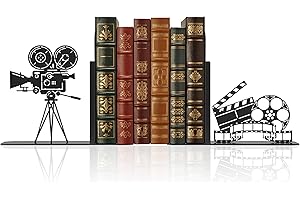 Vintage Camera Movie Reel Patterned Metal Bookend, Home Theater Decor Book Ends 17 x 5.5 inches, Movie Room Accessories Gifts