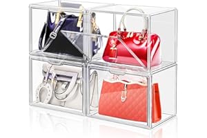 DILIBRA Set of 4 Plastic Purse Storage Organizer for Closet, Acrylic Display Case for Purse and Handbag, Stackable Storage Boxes Organizer with Magnetic Door for Clutch Wallet Book Toys