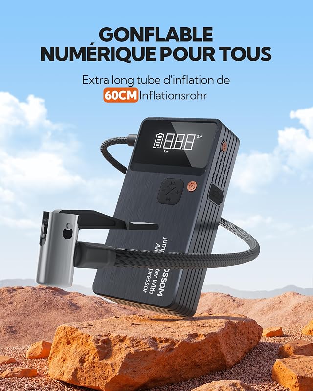Booster Batterie Voiture avec Gonfleur,Demarreur Batterie Voiture avec Compresseur d'air Portable 7en1,Jump Starter Boost pour Moto de 12000 mAh,Booster d'urgence avec Lampe LED,Charging USB-C