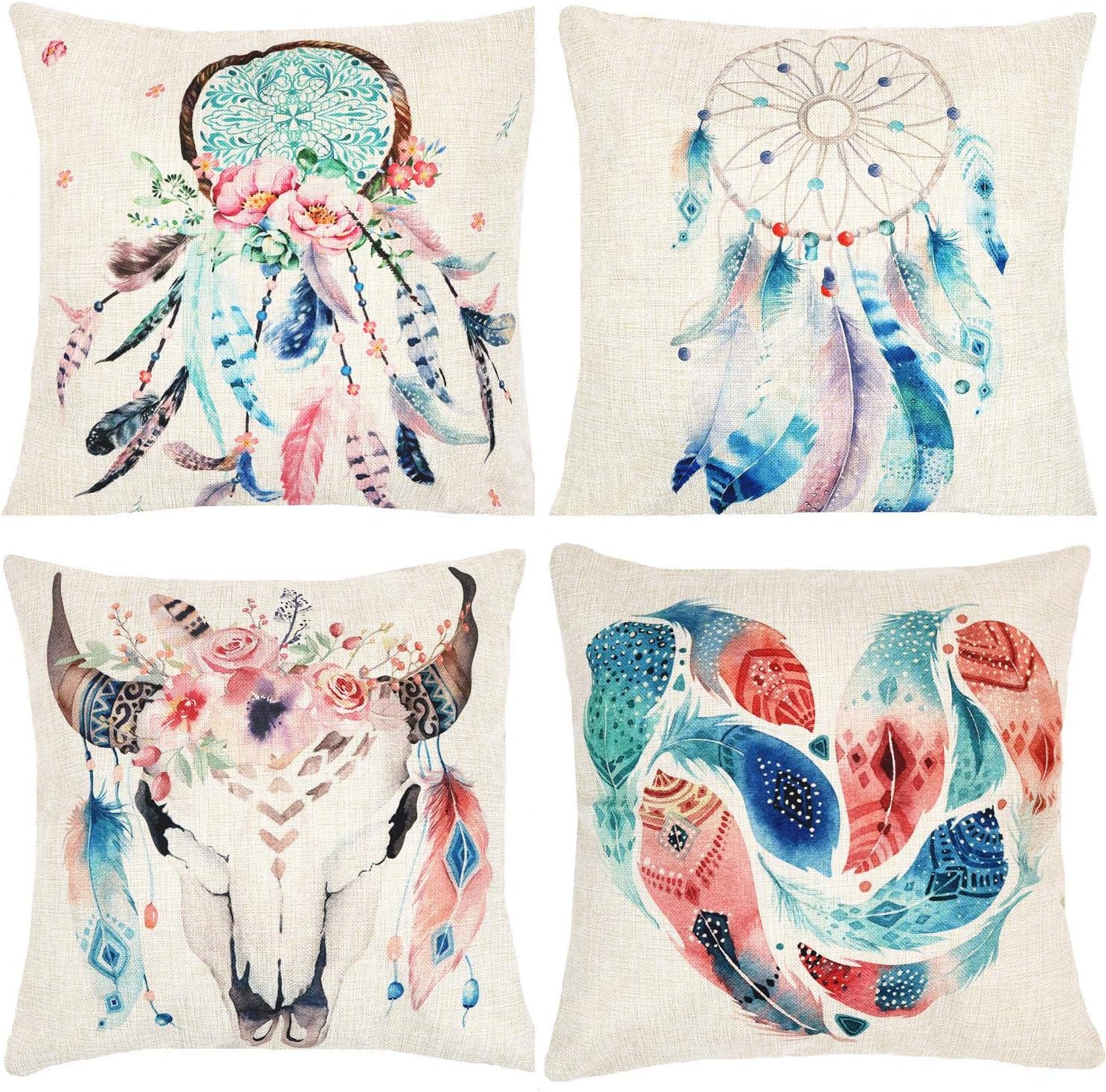 Munzong Dream Catcher Decorative Throw Pillow Covers 18 x 18 Inch Bohemian Style, Set of 4 Cotton Linen Floral Square Cushion Pillowcases for Car Bed,Boho Theme Birthday Wedding Party Home Decoration
