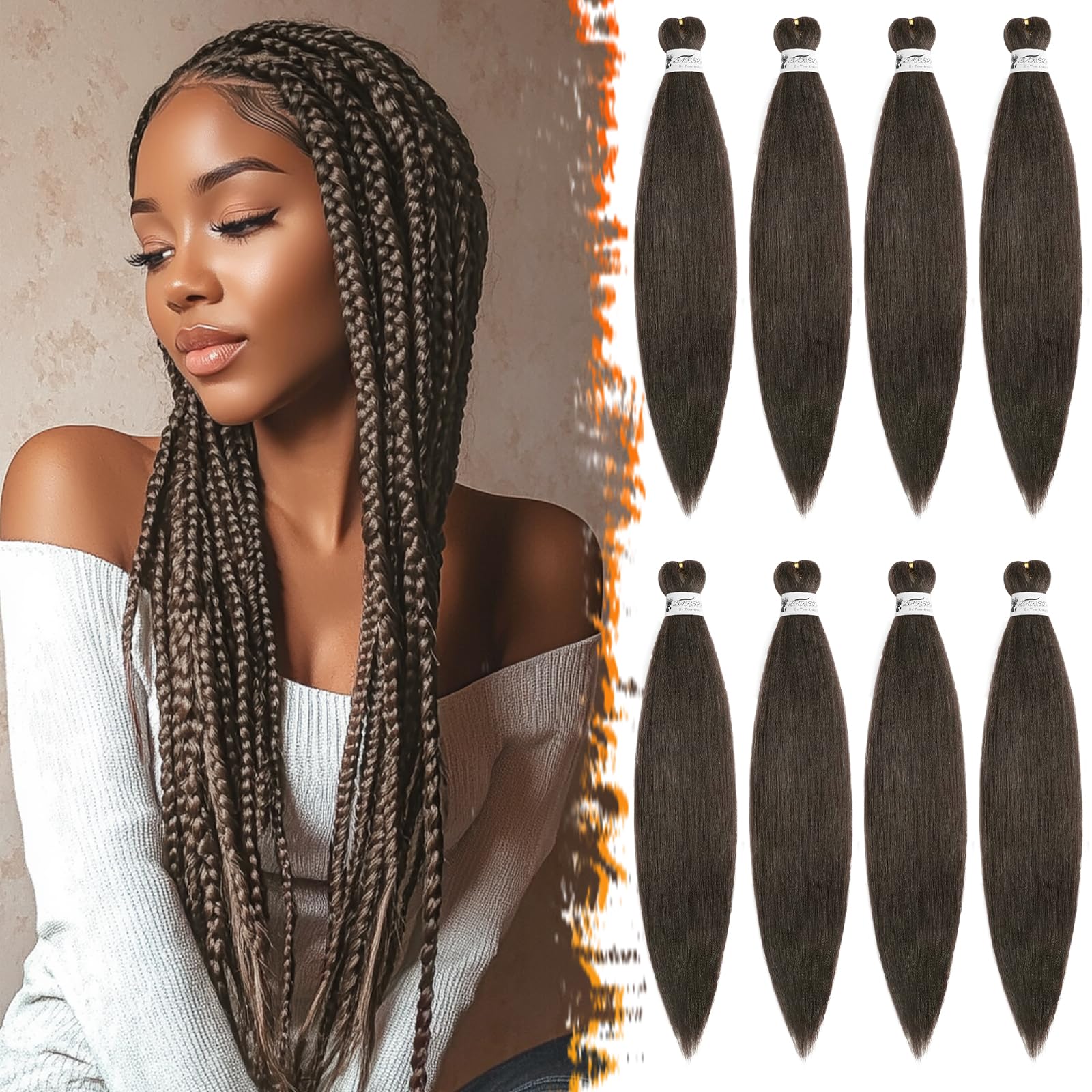 BARSDAR Pre Stretched Braiding Hair, 26 Inch 8 Packs Brown Pre Stretched Professional Synthetic Crochet Braiding Hair Hot Water Setting Yaki Texture Easy Braid Hair-4# Dark Brown