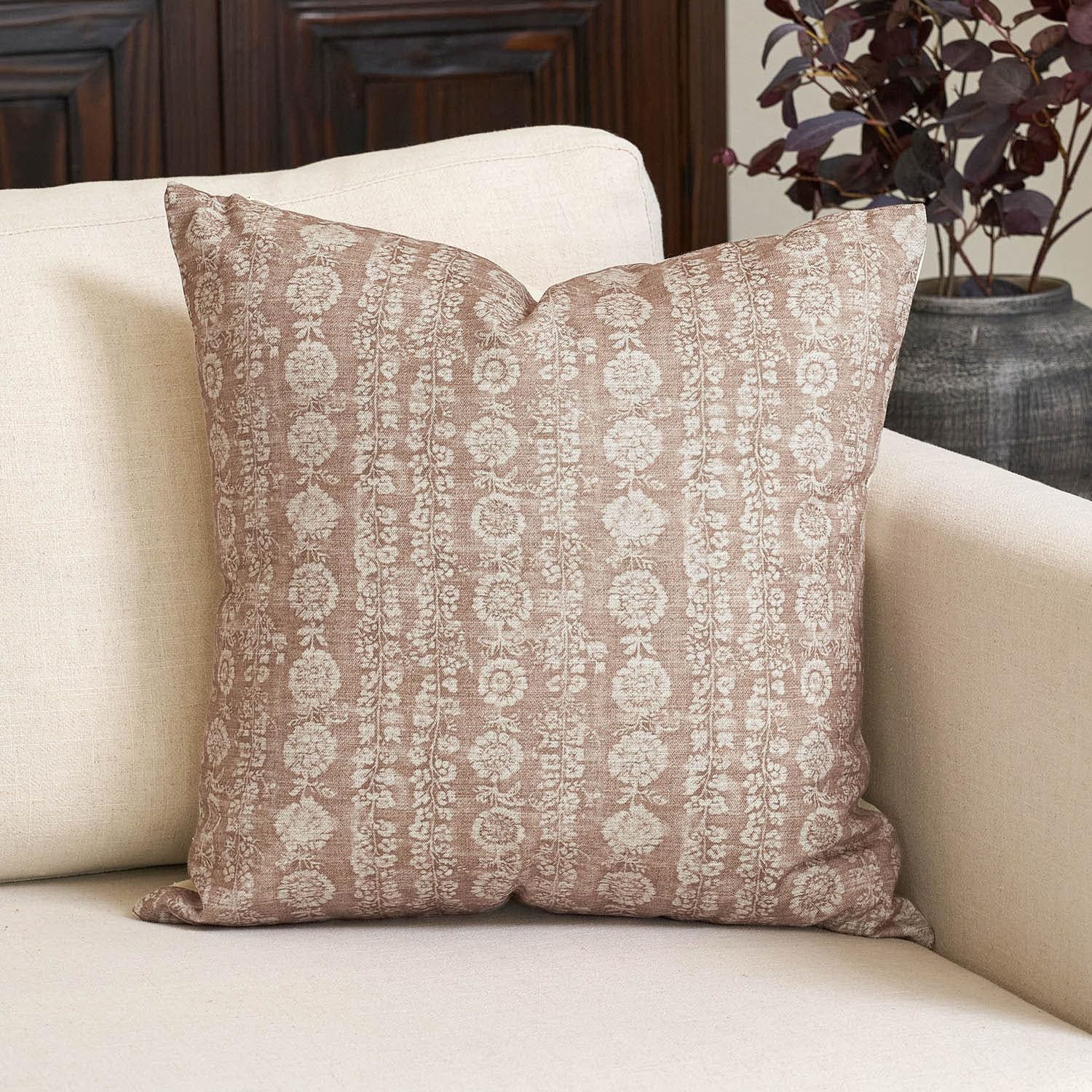 Photo 1 of Amor Virisso Vintage Floral Throw Pillow Covers 24x24 Striped Farmhouse Block Print Pillow Cover Boho Neutral Decorative Pillows for Living Room Bed, Light Camel
