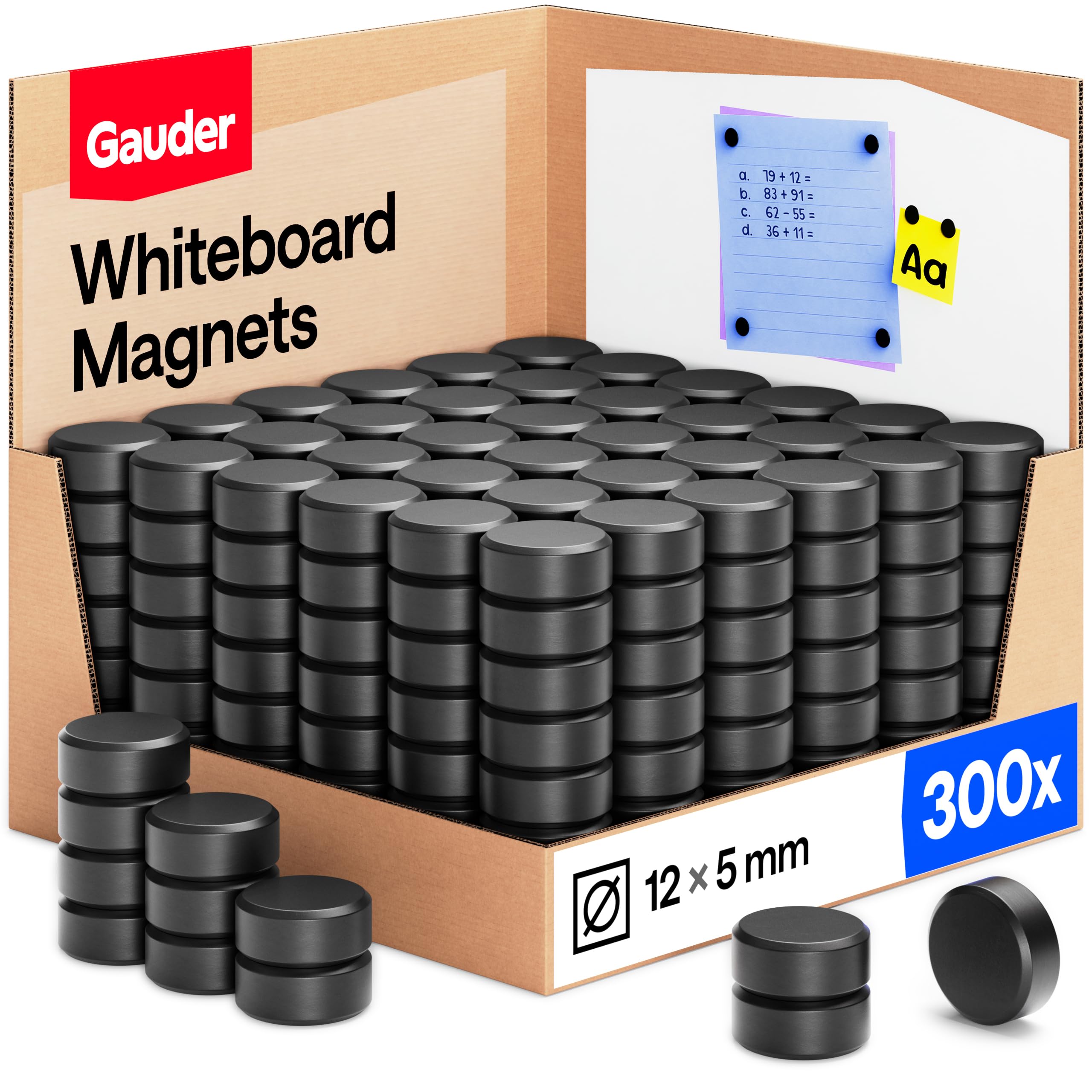 GAUDER Magnets for Whiteboard, Fridge & Notice Board - Strong Round Magnetic Discs - Black Magnets for Crafts (300 Pieces - 12 x 5 mm)