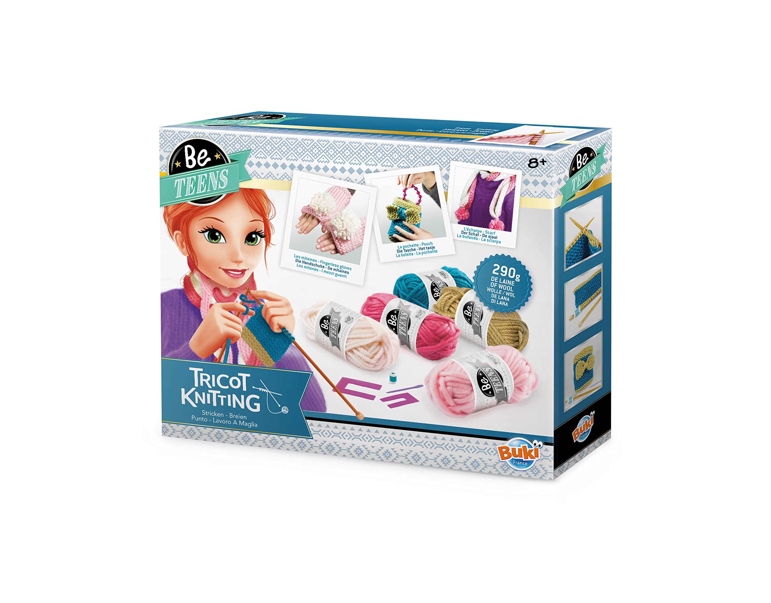 BUKI Be Teens Knitting for Beginners Kit – Learn to Knit Kit for Kids, Adults, Craft Set with Wool, Needles & Instructions - Finger Knitting & Stocking Stitch - Make a Scarf, Purse & Gloves