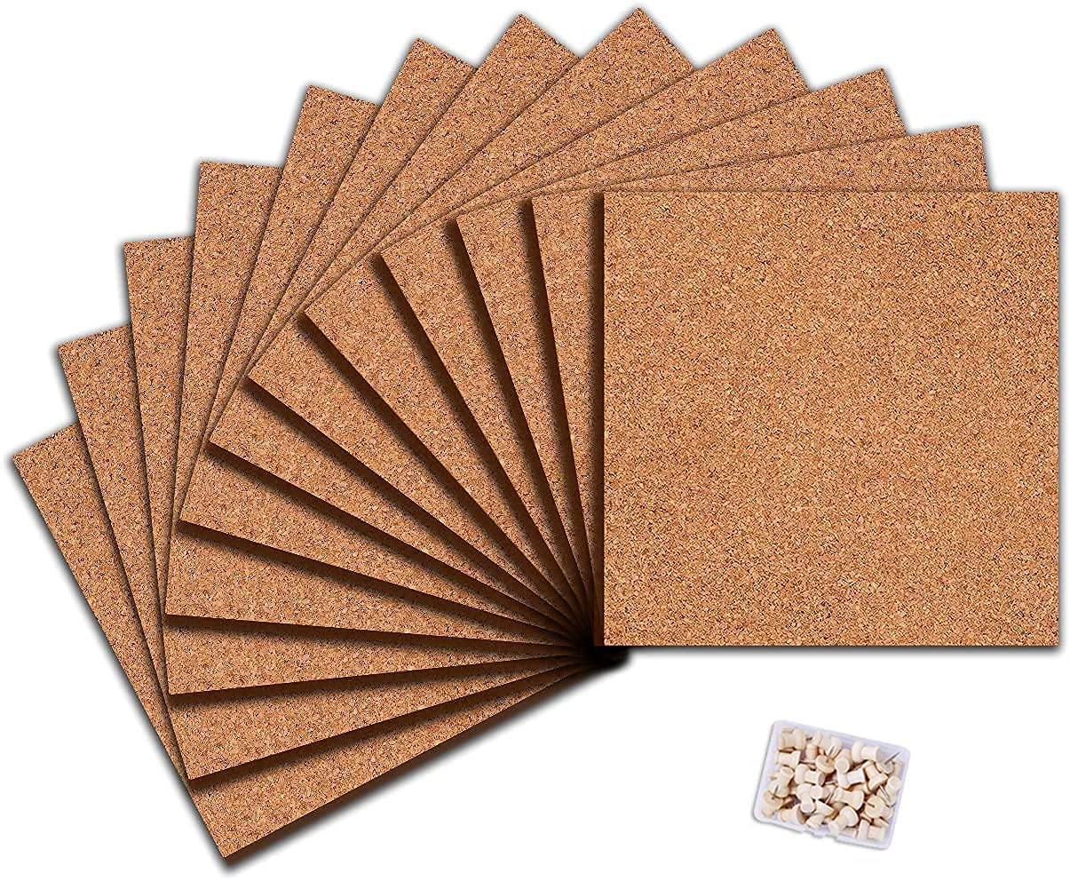 Square Cork Board Tiles with Full Sticky Back, Big Size Cork Board, Small Wall Bulletin Boards Mini Pin Board with 75 Push Pins for Pictures, Photos, Drawing Pack of 12 (21cmx21cmx0.6cm)