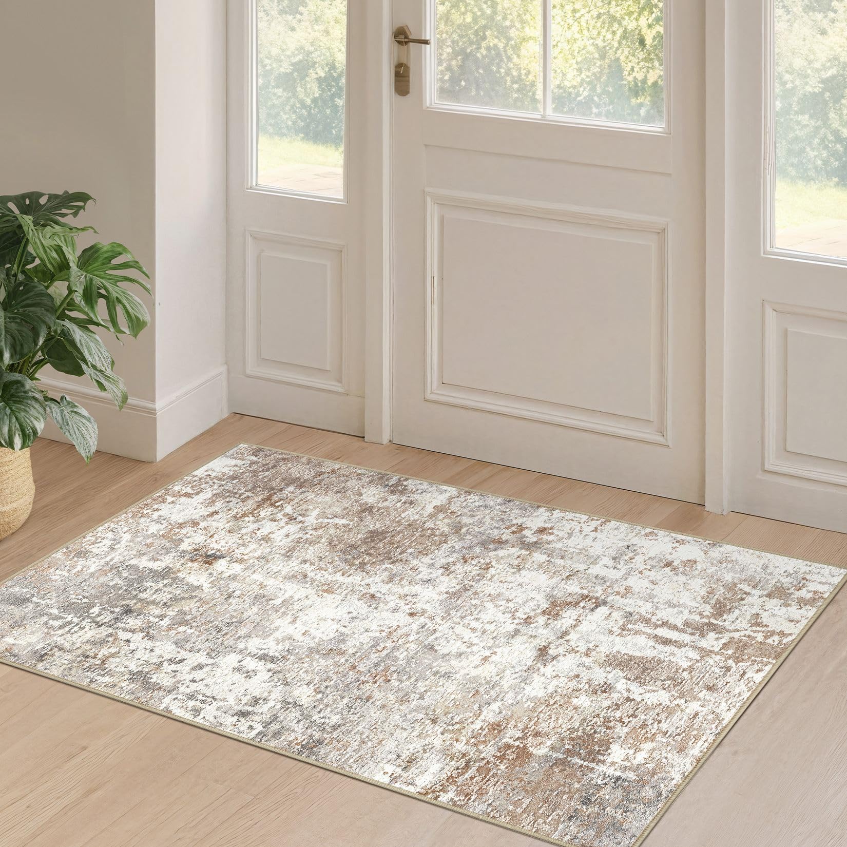 Photo 1 of 2x4 Rug Washable Runner Rug: Small Abstract Modern Non-Slip Soft Accent Doormat Stain Resistant Floor Throw Mat for Entryway Kitchen Bedroom Nursery Entry Dorm- Brown