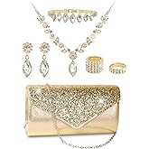 Mukum 7Pcs Gold/Silver Rhinestone Jewelry Set for Women Prom Jewelry with Evening Clutch Purse, Bling Bracelets, Rhinestone Necklace and Earrings for Party Wedding Formal Bride Prom