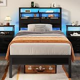 Furnulem Twin Bed Frames with Charging Station and LED Lights, Wood Headboard with 2 Fabric Drawers and Storage Shelves, Twin Size Platform Bed with Metal Slats, No Box Spring Needed, Black Oak