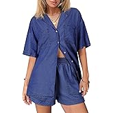 POTILI Denim Set for Women 2 Peice Outfits Jean Shirts Top and Shorts for Summer Lightweight Tracksuits Trendy