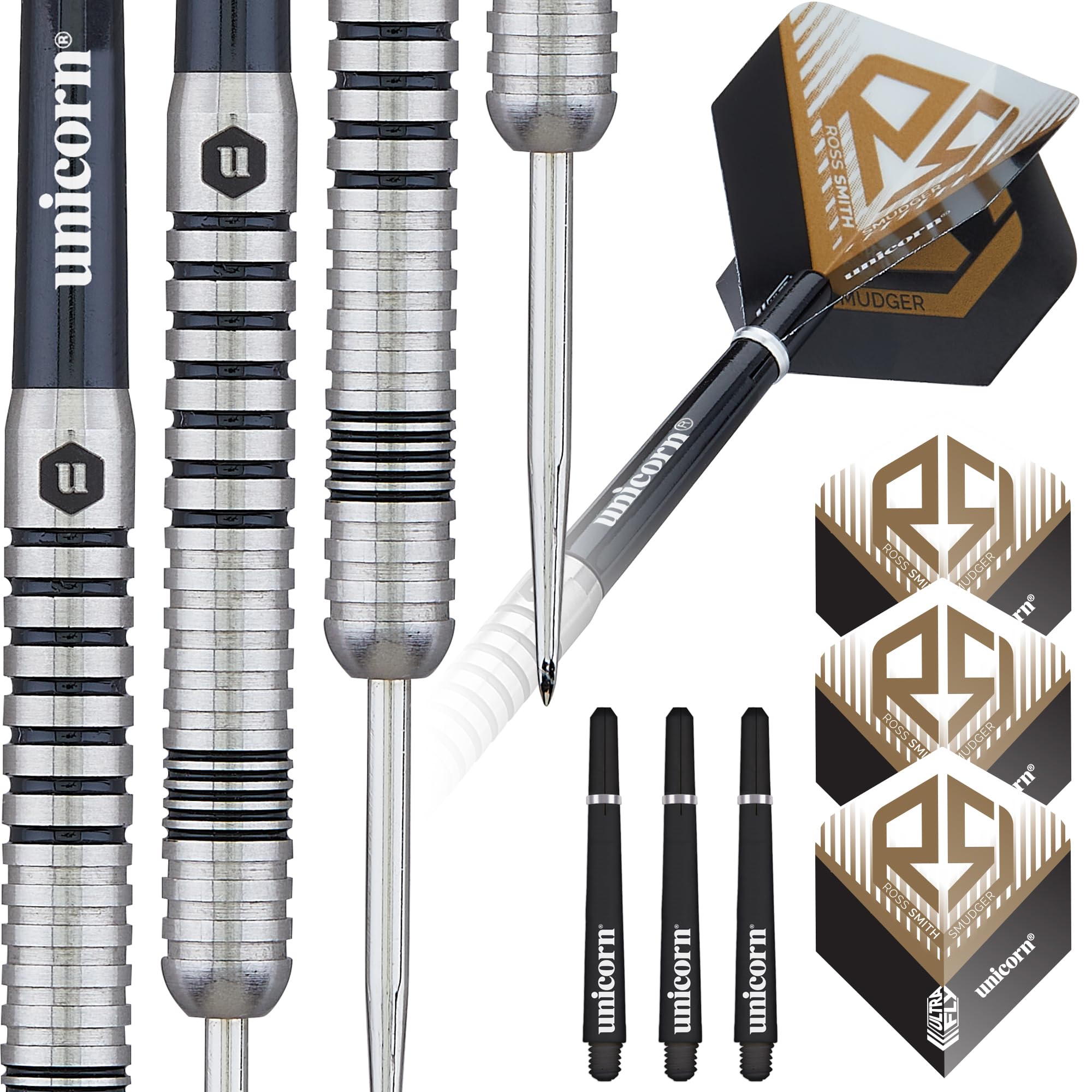 Unicorn Professional Darts Set | Ross 'Smudger' Smith | 80% Natural Tungsten Barrels with Laser Etched Logo Hallmark | Steel Tip | 24 g