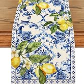 Lemon and Blue Floral Table Runner, 72 x 13 inches | Seasonal Kitchen Dining Table Decoration, Holiday, Housewarming Gifts, Home Party Birthday Wedding Decor