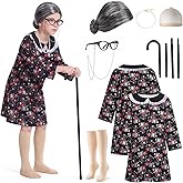 Mprocen Old Lady Costume for Kid 100 Days of School Costume for Girl Granny Nightgown Dress Wig Cane Dress up Accessories Set