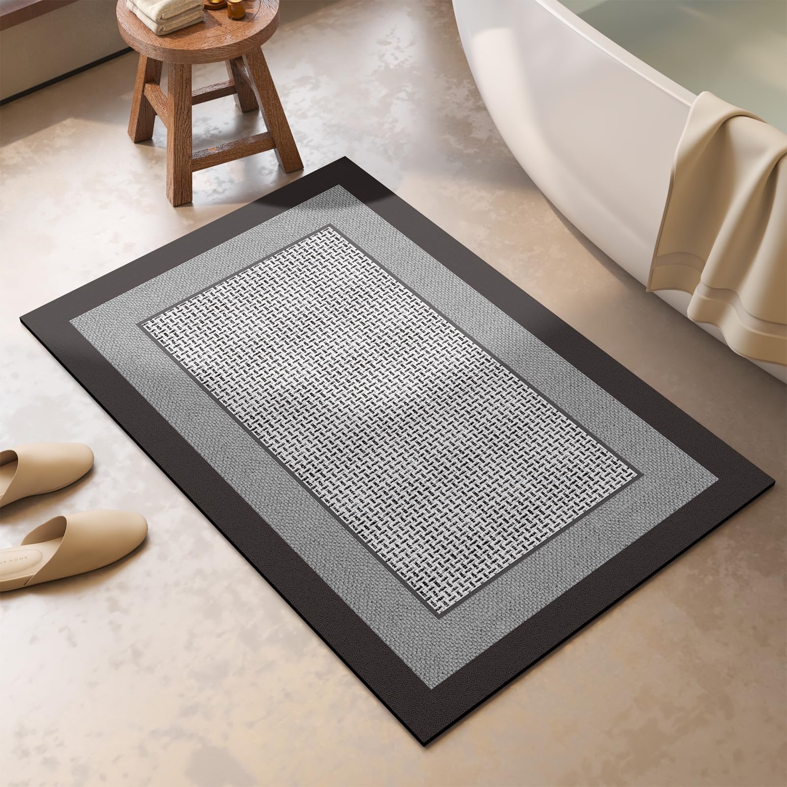 Photo 1 of QiCaiJia Non Slip Thin Bath Mat Bathroom Rugs, Rubber Backing Ultra Thin Bathroom Rug Fit Under Door, Quick Dry Super Absorbent Washable Shower Bath Mats, Grey 24x36