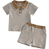 VISGOGO Baby Boy Summer Outfit Striped Short Sleeve T-shirt Toddler Boy Summer Clothes 6 12 18 Months 2 3 4 T Short Set