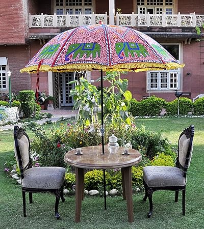 Lalhaveli Rajasthani Handmade Elephant Embroidery Deisgn Cotton Garden Parasol Umbrella 52 X 72 Inches