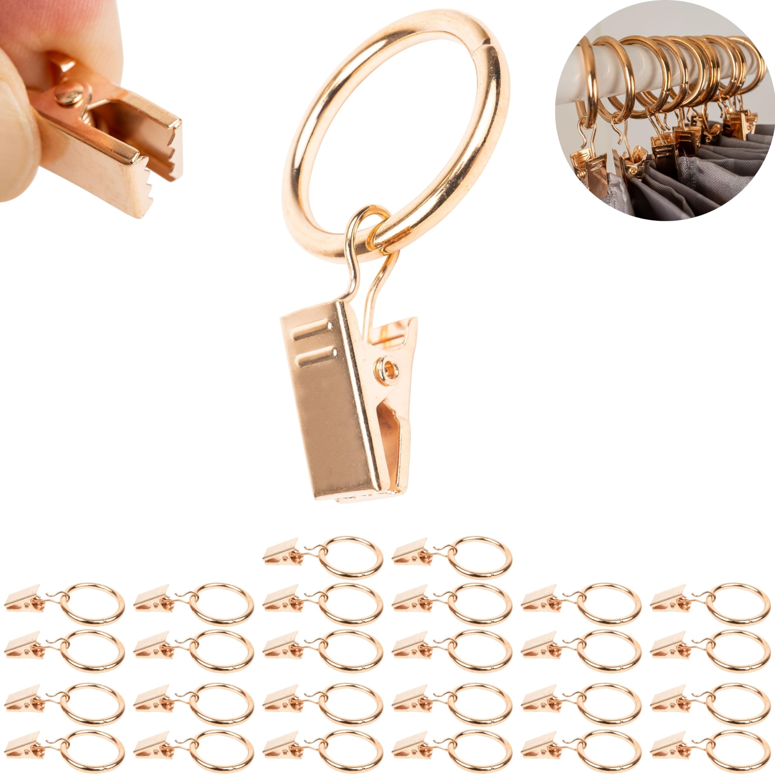 Curtain Clips with Rings, 30 Pack, in Gold-Colour, Ø 1.25" outer, Ø 0.98" inner, curtain rings for blind rods, drape circle clamp hook, blind clips pull loop, multipurpose hook clip decoration
