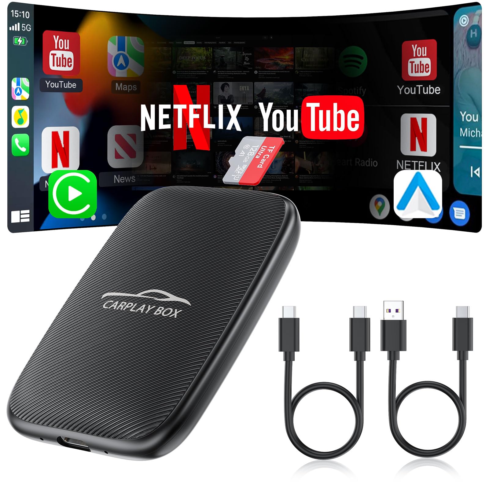 Photo 1 of 5-in-1 Wireless CarPlay Adapter Support Netflix/YouTube/TF, Wireless Android Auto & Carplay Adapter with USB-A/USB-C Cables, Convert Wired to Wireles Apple Dongle, Magic Video Box Car Play for iPhone