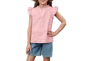 XMWEALTHY Girls Tops Cute Summer Ruffle Short Sleeve Shirts V Neck Eyelet Cotton Blouses 5-14 Years