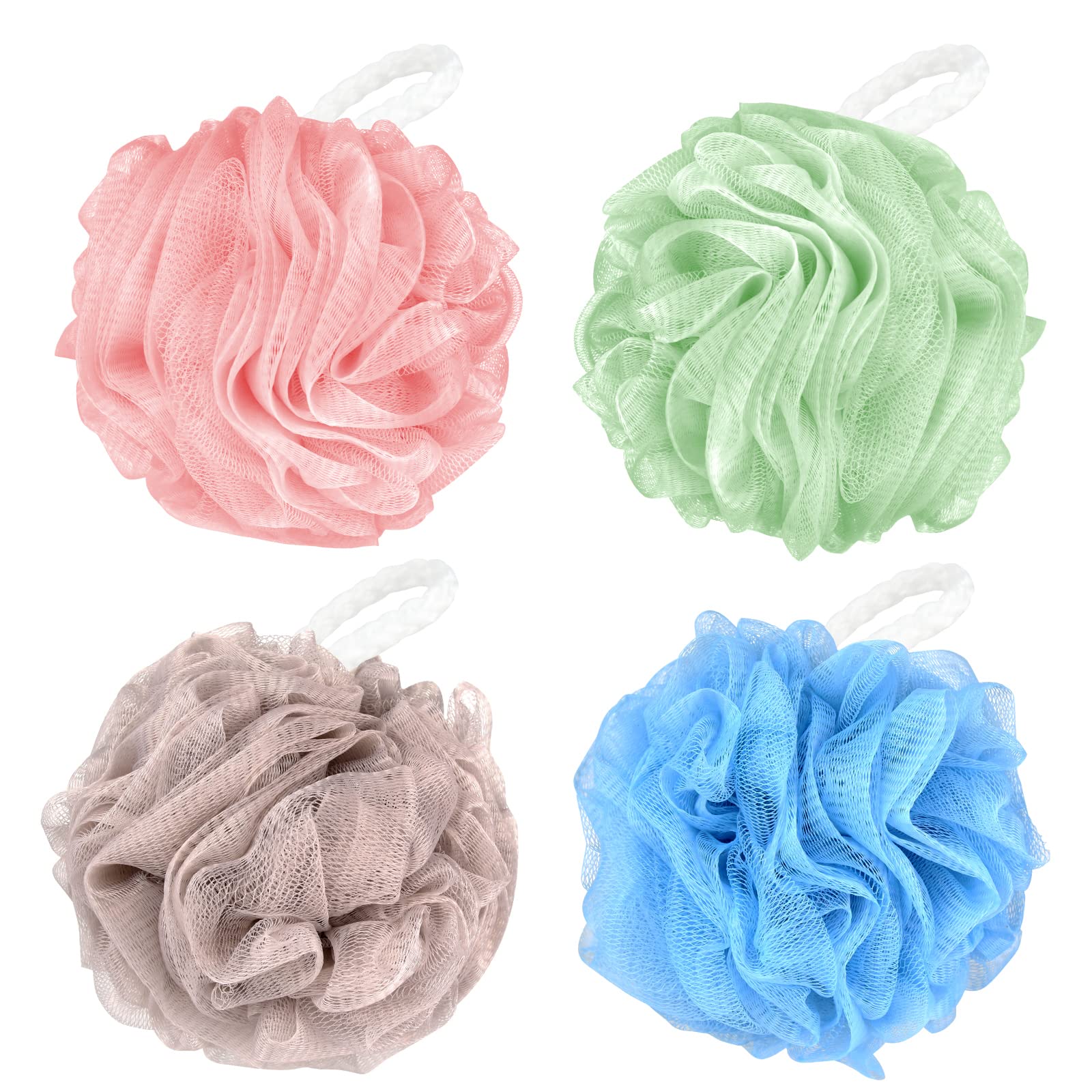 WUJUN Bath Sponge Shower Loofahs Balls 70g/PCS Soft Durable Extra Large Mesh Pouf Easy, Foaming Body Scrubber Exfoliator for Big Full Lather Cleanse Solid Color(4 Pack)
