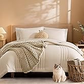 Full Size Comforter Sets-7 Pieces Beige Soft Bed in a Bag Full Bedding Sets | Monbix All-Season Vertical Quilted Comforter with Sheets, Pillow Shams &amp; Pillowcases