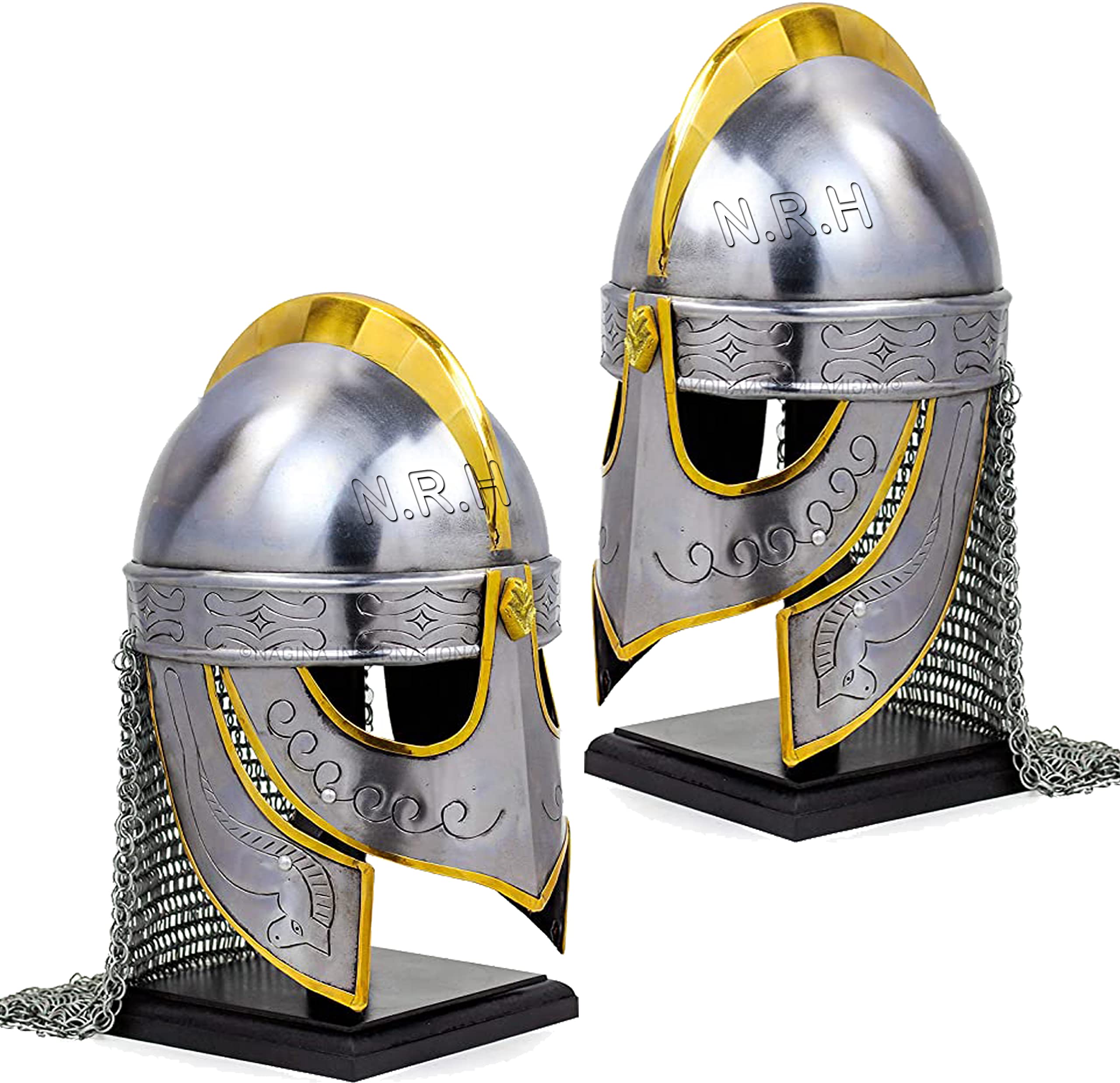Nautical Replica Hub Viking Wolf Armor Helmet Silver Finish | Medieval Metal Knight Helmets | Wearable Costumes Chain mail W/Wood Stand Helmet