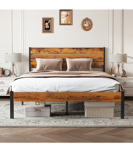 Cama Individual Con Cabecero Y Almacenamiento Vintage - Estructura De Metal, Color Marrón, Para Colchón Individual, Sin Somier