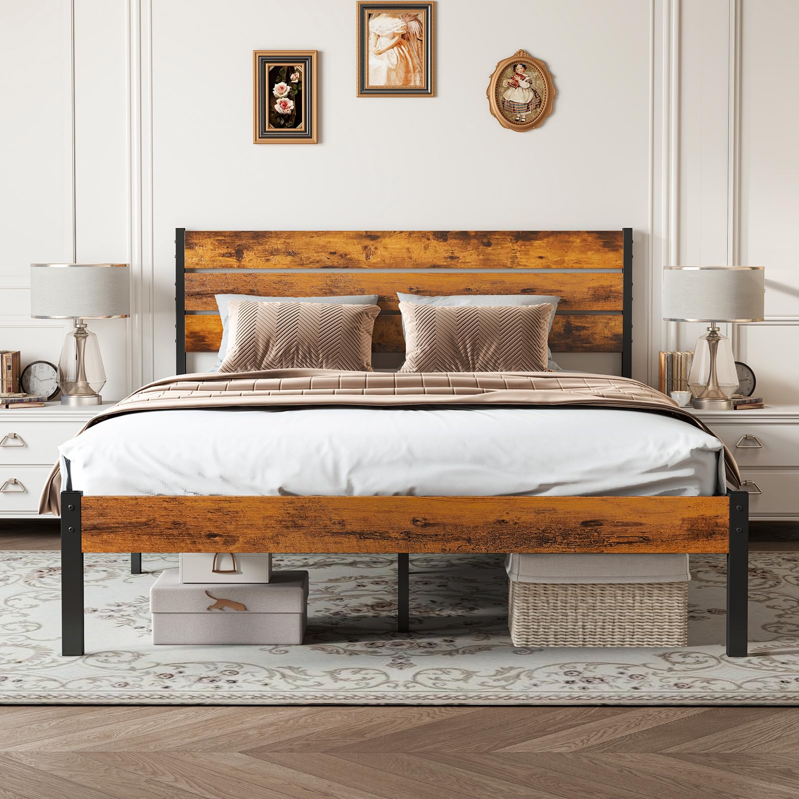 Photo 1 of Sweetcrispy Full Size Bed Frame with Headboard, 800LBS Mattress Foundation with All Sturdy Metal Support, Under Bed Storage, No Box Spring Needed, Easy Assembly, Rust Brown