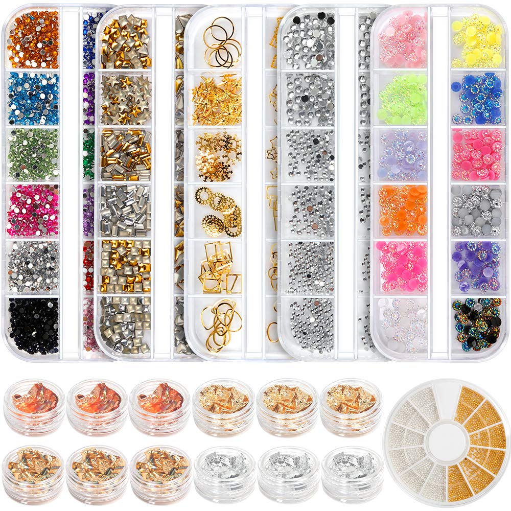 Teenitor Professional Nail Kit with 6 boxes Nail Art Rhinestones& 1 box nail foil chip, Multi-size Gems Metal Nail Rivets Studs Double-sided Color Nail Art Foil Pailette Chip Foil flake: Beauty