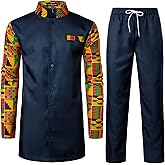 LucMatton Men's 2 Piece Outfits Long Sleeve Button Down African Dashiki Shirts and Pants Set Traditional Ethnic Suits
