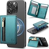 Strapurs Magnetic Card Holder Compatible with MagSafe Phones and Cases, PU Leather Phone Wallet for iPhone 17/16/15/14/13/12/Pro/Max/Plus/Air, 4 Card Slots RFID Blocking with Zipper Pocket,Bluegreen