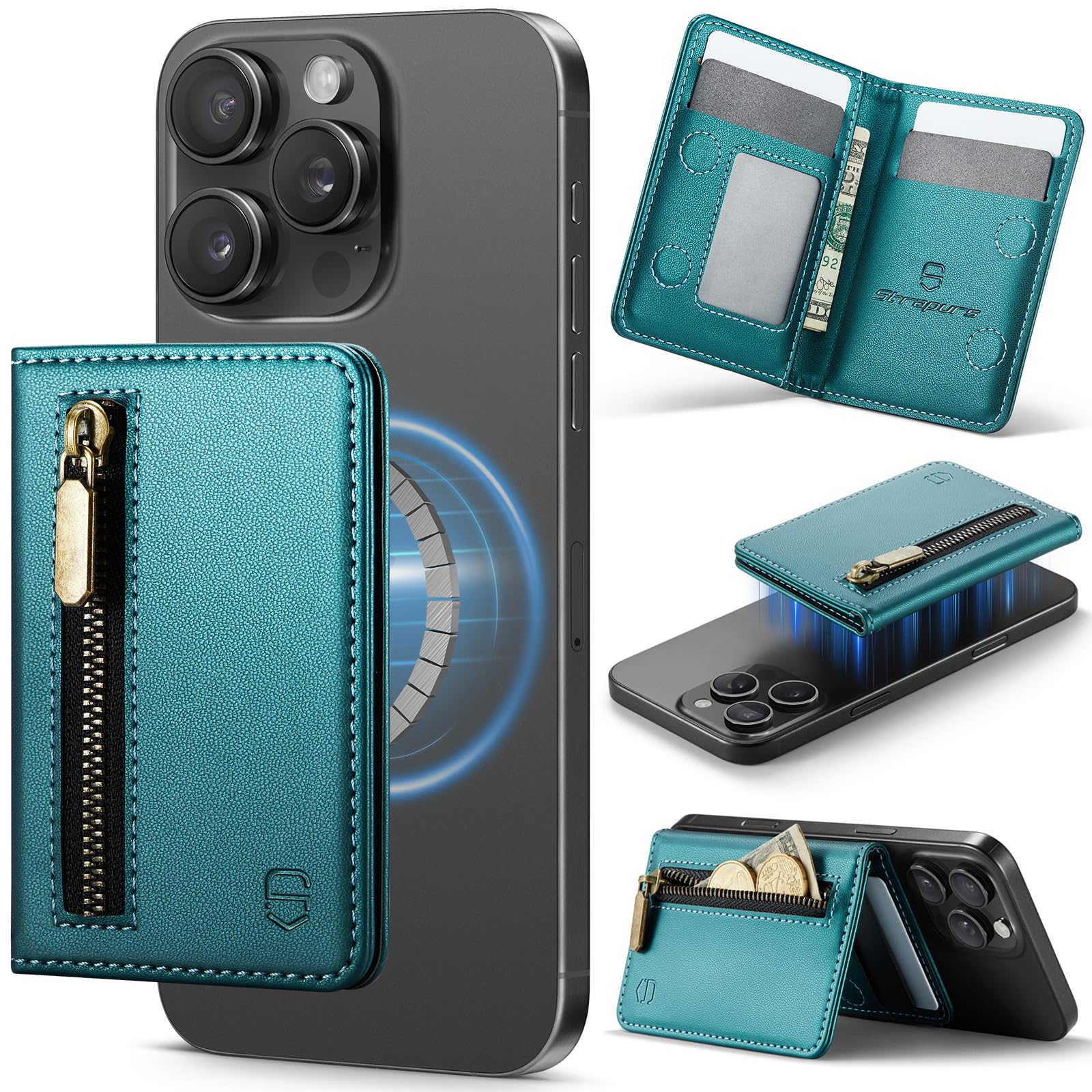 Photo 1 of Strapurs Magnetic Card Holder Compatible with MagSafe Phones and Cases, PU Leather Phone Wallet for iPhone 17/16/15/14/13/12/Pro/Max/Plus/Air, 4 Card Slots RFID Blocking with Zipper Pocket,Bluegreen