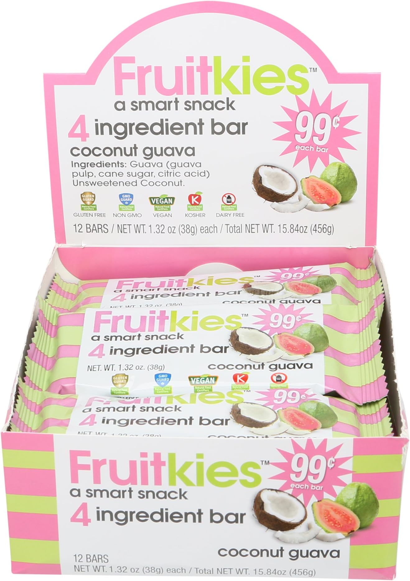 Fruitkies Coconut Guava Tropical Fruit Snack Bars | Certified Non-GMO, Vegan, Dairy Free, Gluten Free, Kosher | 1.32-Ounce 12 Bars per Box