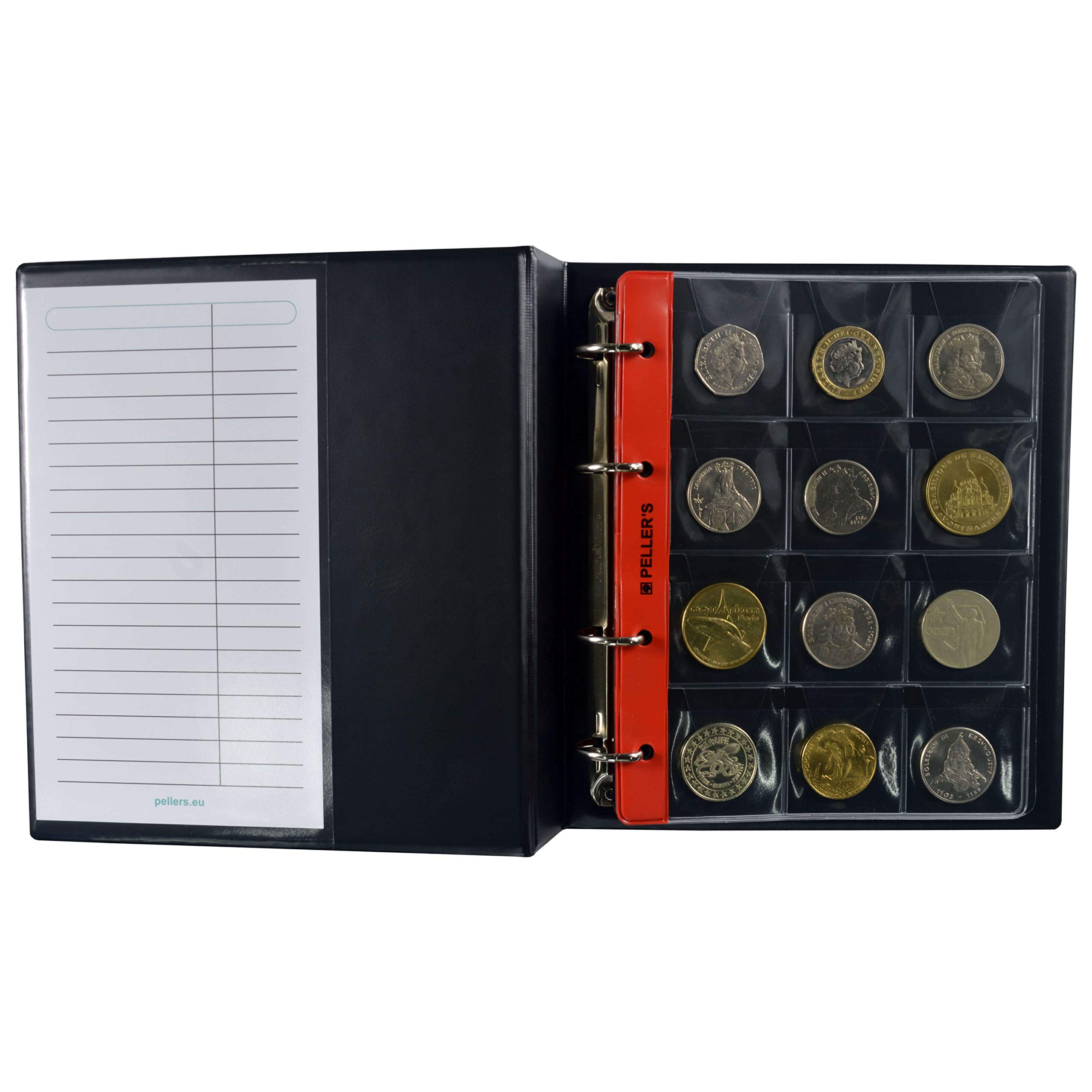 Coin album for 186 various size of coins with a diameter up to 2.17" (55mm). 10 pages with four size of pockets from small to very big & 10 interleaves. Model M.